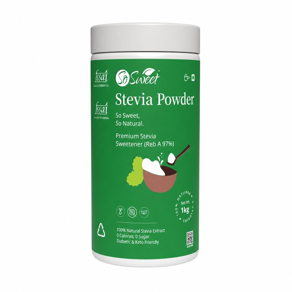 So Sweet Stevia Powder 1kg | Natural Sugar Substitute | Zero Calorie Sweetener for Tea, Coffee & Baking | Keto Friendly | Sugar Free Sweetener