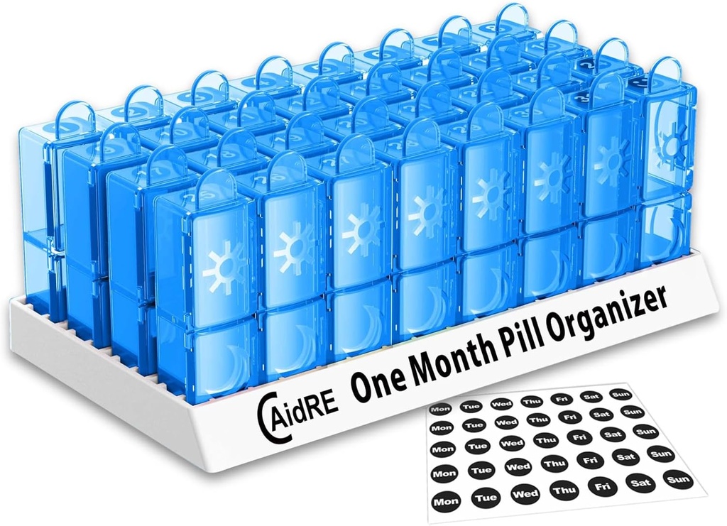 31 Jour Pill Organizer AM/PM – Pill Box mensuel pour les médicaments, vitamines et suppléments – un mois 2 fois par jour Pill Case, 4 semaines Daily Pill Organizer, bleu