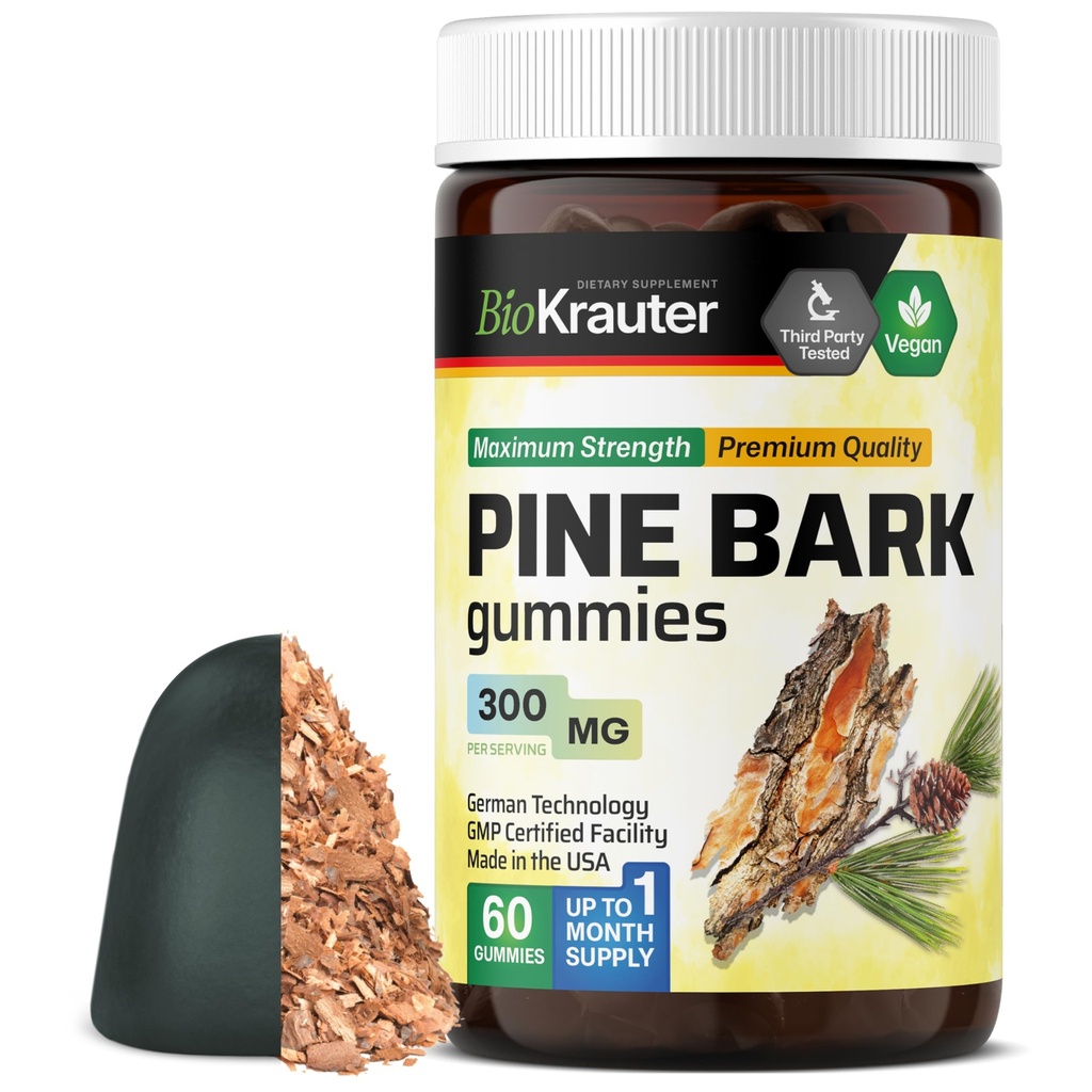BIO KRAUTER Pine Bark Extract Gummies - 300 mg di resistenza - 60 Vegan Chews - French Maritime Pine Bark Extract - Antiossidante Supplement - 95% Proanthocyanidins - Pectin-Based Formula