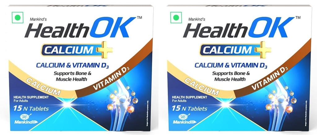 Mankind Health OK Calcium Tablets with Vitamin D3 - Advanced Bone Density & Joint Mobility Support Formula - Compact Pack of 15 Tablets x Pack of 2