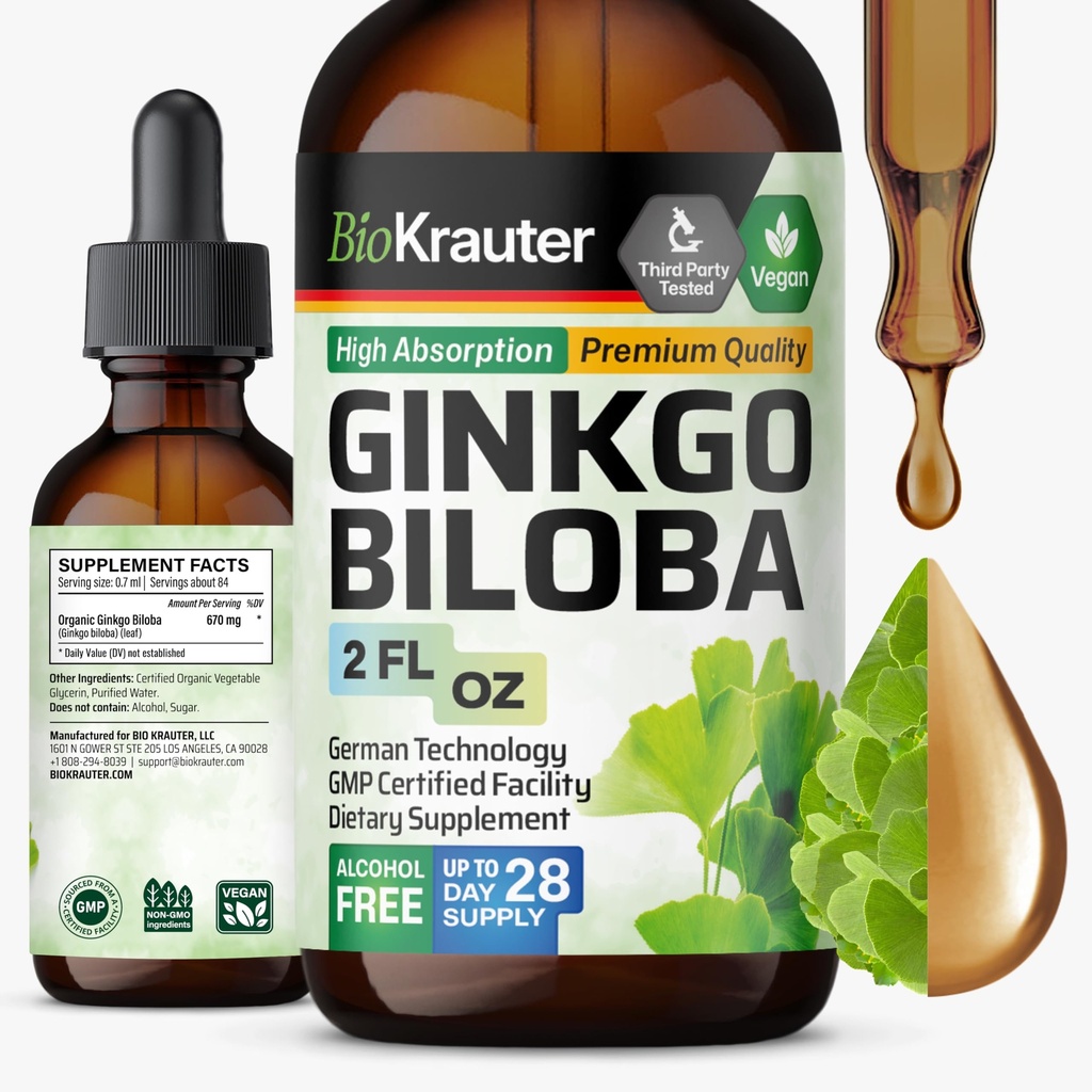 BIO KRAUTER Ginkgo Biloba Extract - Flüssige Ginkgo Biloba Ergänzungen für Brain - Vegan, Alkohol & Zucker kostenlos - 2 Fl Oz