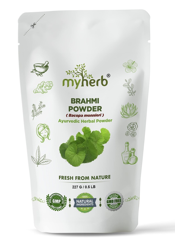 MYHERB Pure Natural 100% Organic Brahmi (Bacopa Monnieri) Powder || 227 Gm/0.5 Lbs || Ayurvedic Herbal Powder || Eco Friendly || For Men & Women