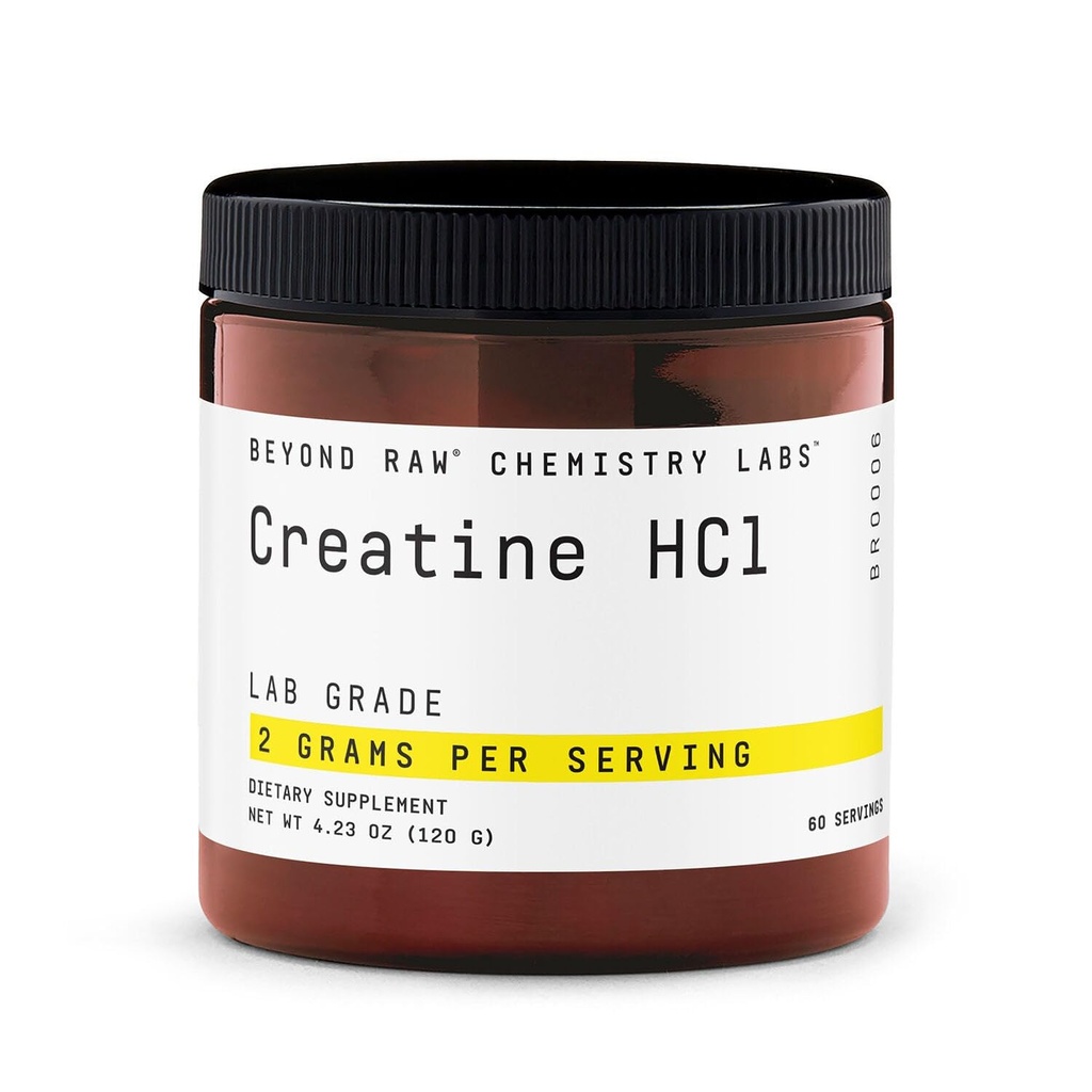 BEYOND RAW Creatina HCl Polvere, Scienza spalleggiata, Grado di laboratorio, Creatina per le donne e gli uomini, Forza muscolare, Produzione di energia, Prestazioni atletiche, Supporto cognitivo, Idratazione cellulare, 60 Serve