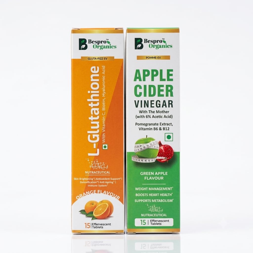 Organics L Glutathione & Apple Cider Vinegar Effervescent Tablet Combo With Vitamin C, Biotin, Hyaluronic Acid, Vitamin B6, B12, Pomegranate Extract