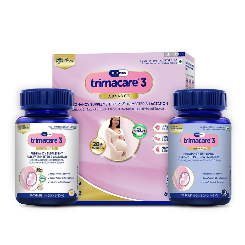 TRIMACARE™ 3 Advance | Prenatal Vitamins For Pregnancy | 3rd Trimester| New Formula with Choline | Iron, Veg DHA Omega 3, Calcium | No Gas, Bloating, Or Constipation | Bowel Regulator | | 20+ essential nutrients (Pack of 2) | 60 X 2 Tablets |