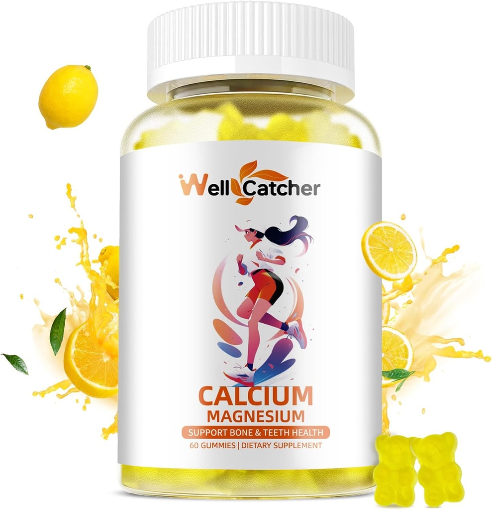 Kalzium Magnesium Gummi Erwachsene Kinder - Zuckerfrei Kaubare Vegan Algen Kalzium Ergänzungen für Frauen Männer unterstützen Plus Knochenstärke mit Zink Kalium Vitamin D3 K2 Zitronen Geschmack 60CT