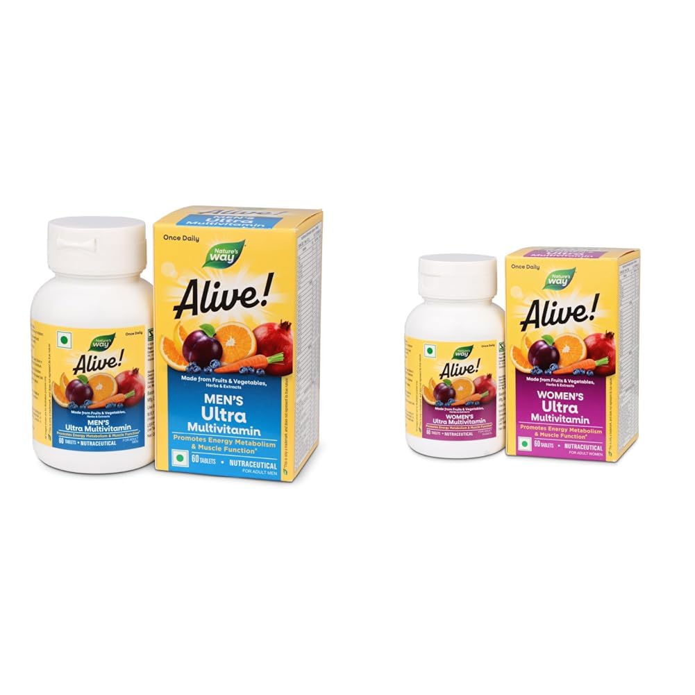 Nature’s Way Alive Men’s Ultra Multivitamin Tablet for Muscle function, Overall health, Immunity & | Nature’s Way Alive Women’s Ultra Multivitamin - Comprehensive Daily Multi vitamin for Total Wellne