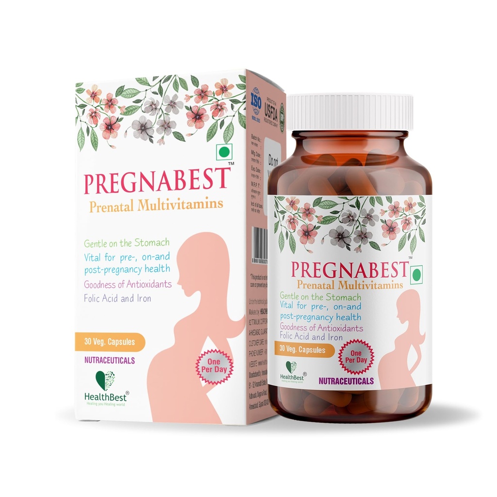 HealthBest Pregnabest Prenatal Multivitamins for Women – Folic Acid, Iron, Zinc, Vitamin D3 – 30 Capsules