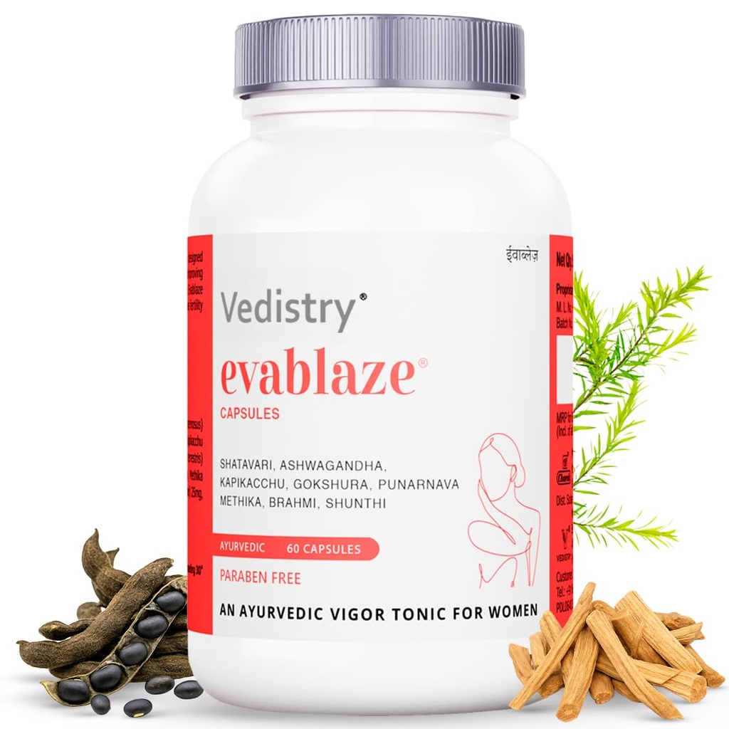 Vedistry Evablaze Capsules | Women’s Vitality & Desire Booster | Ayurvedic Capsule for Female Mood Enhancer, Energy, Hormonal Balance & Reproductive Health | With Kapikachhu, Ashwagandha, Brahmi, Gokshura & Methika – 60 Capsules (Pack of 1)