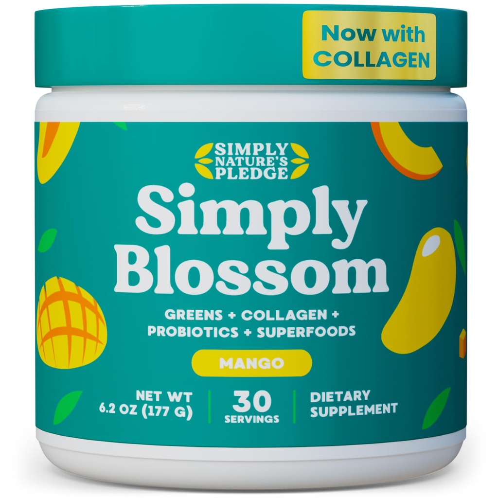 Semplicemente Blossom Nutrition Daily Greens & Superfood Powder + Collagen + Probiotici per la salute digestiva delle donne & Bloating Relief. Aiuta la tua salute Bloom - 30 giorni di alimentazione - Mango