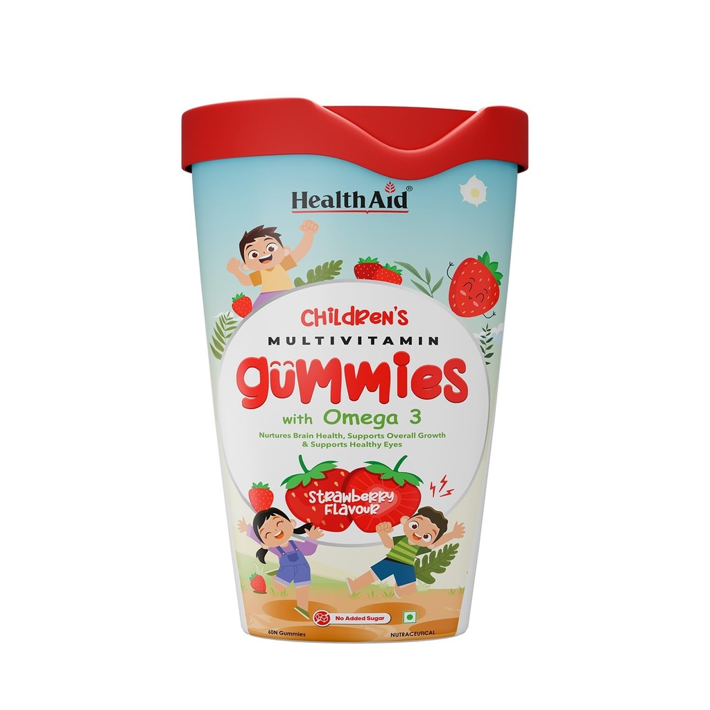 HealthAId Children's Multivitamin Gummies - Sugar-Free Fiber & Omega 3 | Supports Brain & Eye Health, Immunity, Digestion, Daily Wellness | 24 Essential Nutrients with Iron, Vitamins C, A, B, D | Natural Berry & Strawberry Flavor | Dairy & Soy Free - 60 Gummies