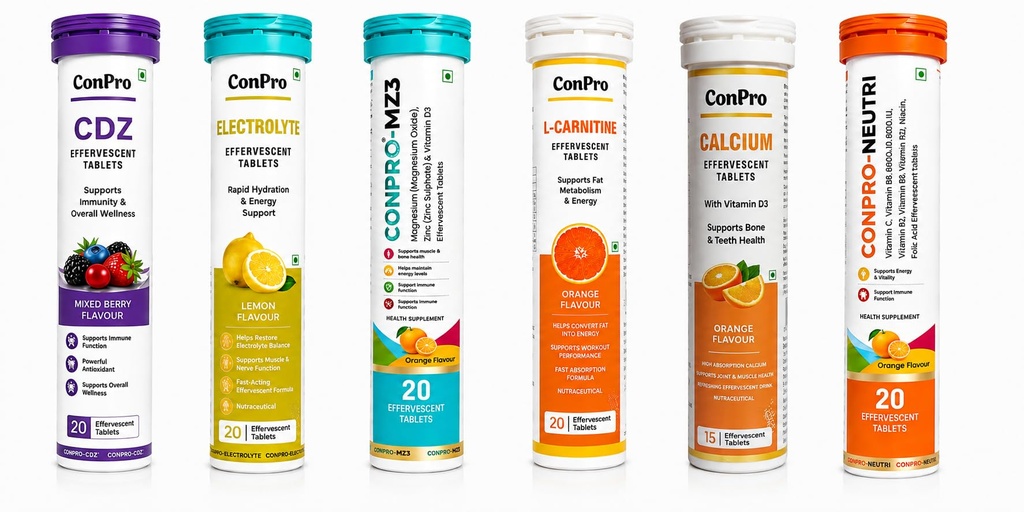 Complete Combo Pack of 6 | CDZ Vitamin C + Zinc + Vitamin D3, Electrolyte, MZ3 Magnesium + Zinc + Vitamin D3, L-Carnitine & Neutri Effervescent Tablets | Orange & Lemon Flavours | 20 Tablets Each + Calcium (15 Tablets)