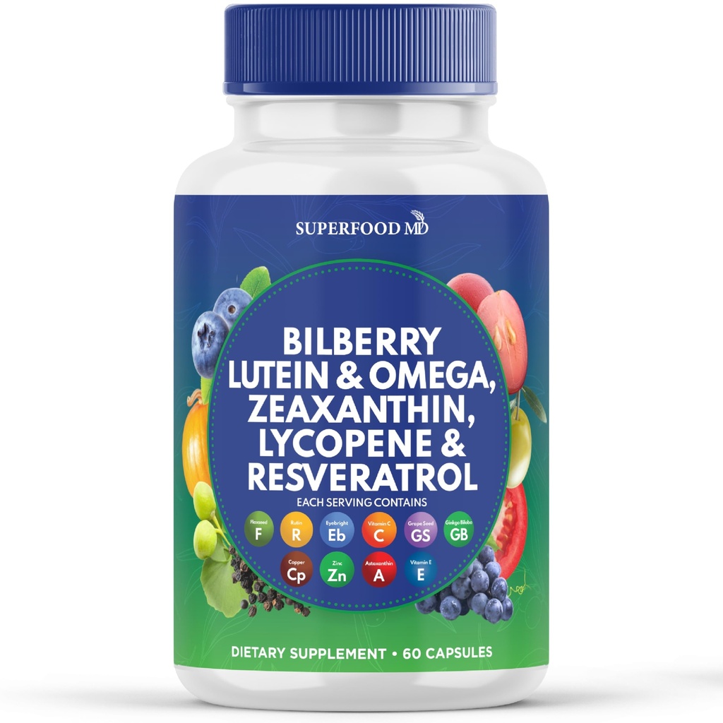 Superfood MD Augengesundheit Vitamine mit Bilberry Lutein & Zeaxanthin Lycopin Resveratrol Trauben Saatgut Extrakt Astaxanthin- AREDS 2 - Augen Vitamin - 60 Kapseln