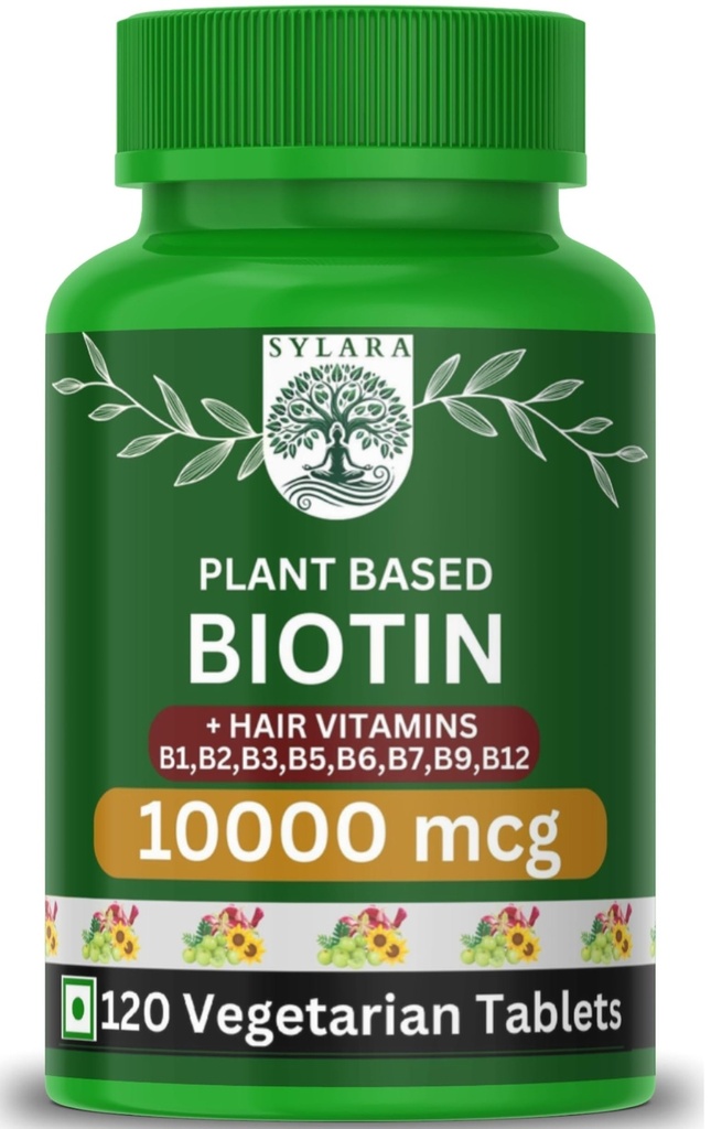 Sylara Biotin 120 Tablets 10000mcg with Hair Vitamins and Skin Vitamins - Vitamin B1, B2, B3, B5, B6, B7, B9, B12 - Capsules Supplement 10000 mcg