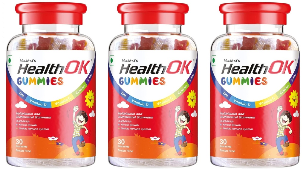 Health Ok Mankind Gummies, Multivitamin and Multimineral for Kids, Supports Normal Growth, Healthy Immune system and Brain Function, for 7 -17-year-old, Bottle of 30 Gummies x Pack of 3