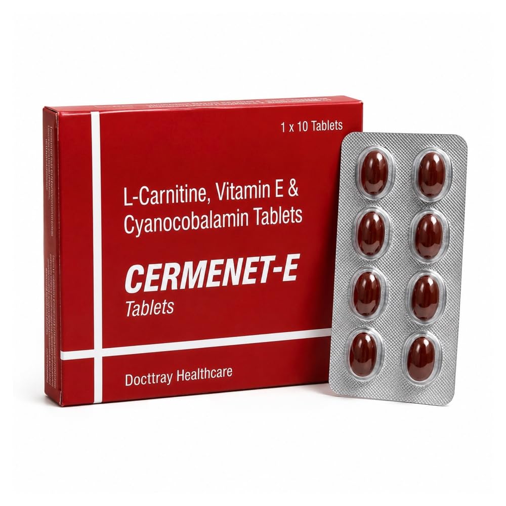 Docttray Cermenet-E Tablets with L-Carnitine, Vitamin E & Methylcobalamin B12 | Daily Vitality & Nutritional Support for Men & Women | 10 Tablets