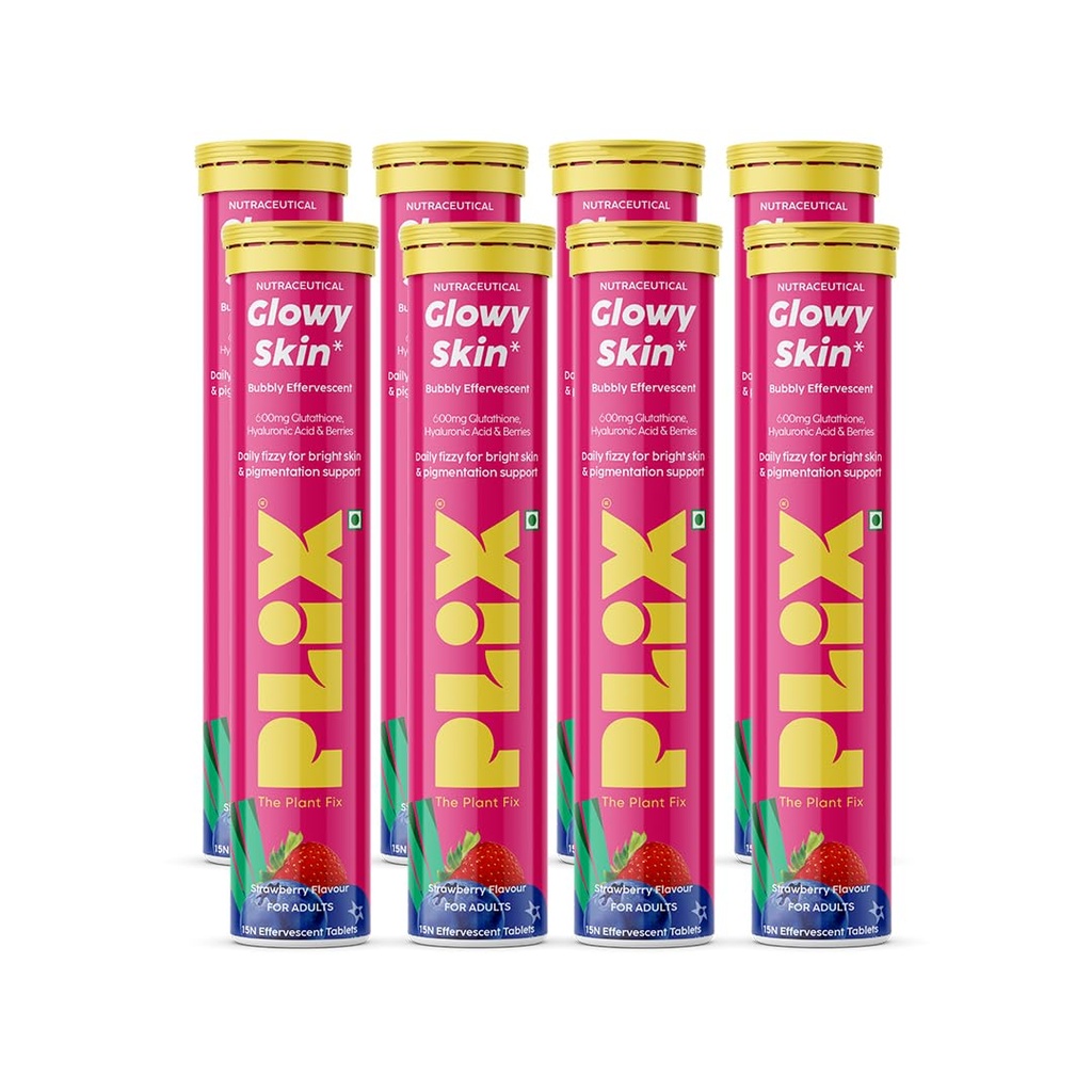 The Plant Fix Plix Glutathione Effervescent Tablets for Clear, Glowing & Youthful Skin | 600mg Glutathione, Vit E & Hyaluronic Acid | No Maltodextrin, No Sugar | Strawberry (Pack of 8)
