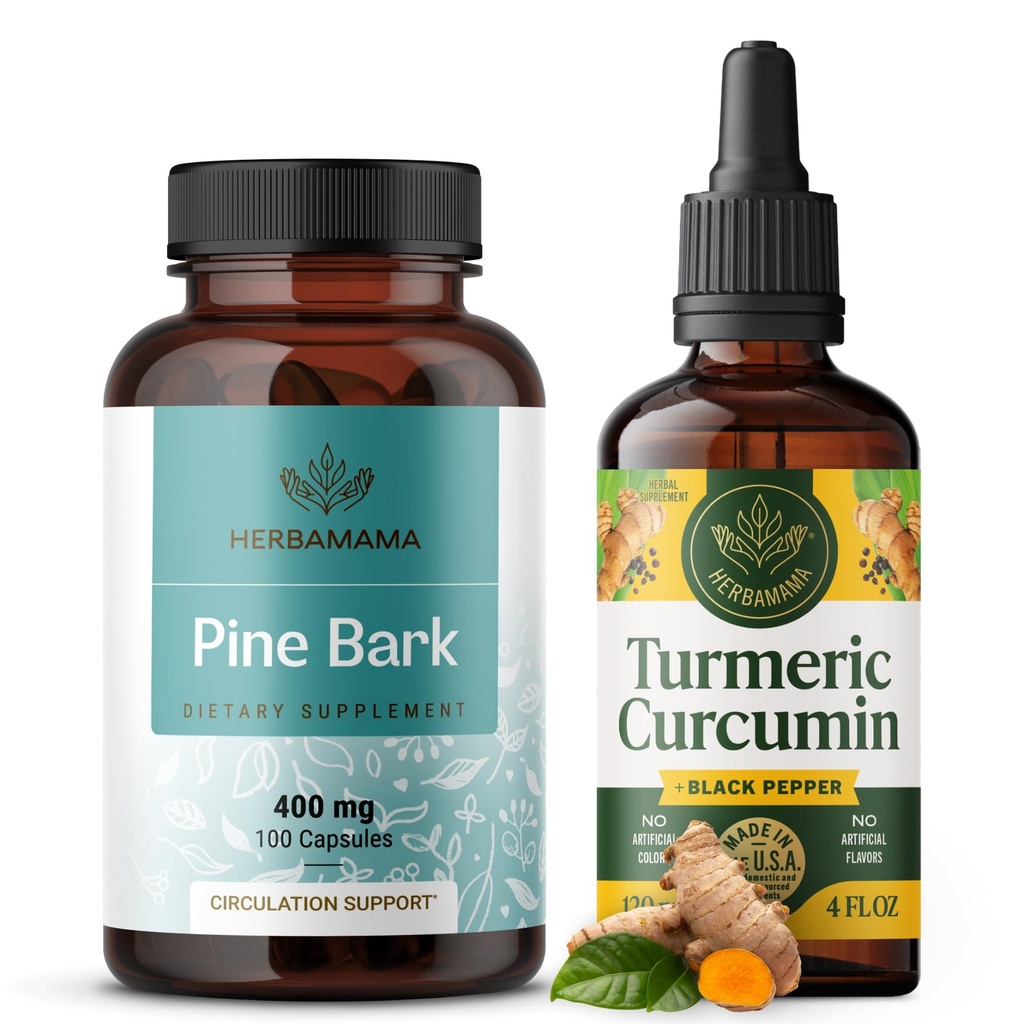 HERBAMAMAMA Estratto di curcuma e Kit di corteccia di pino - Bundle di 400 mg French Maritime Capsules & Tincture 2 fl oz - Vegan, Non OGM, Sugar & Alcohol-Free - 2 Pack