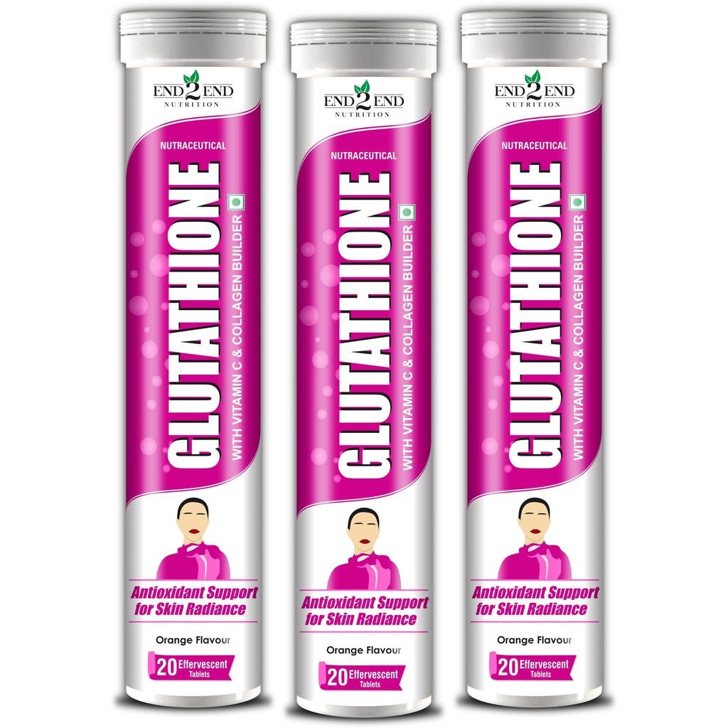 End2End Nutrition Glutathione with Vitamin C, Hyaluronic Acid, Blueberry, Grape Seed, Goji Beej, Vitamin E, Selenium and Biotin | Collagen Builder for For Skin Glow, Hydration & Radiance - (Pack of 3) 60 Tablets