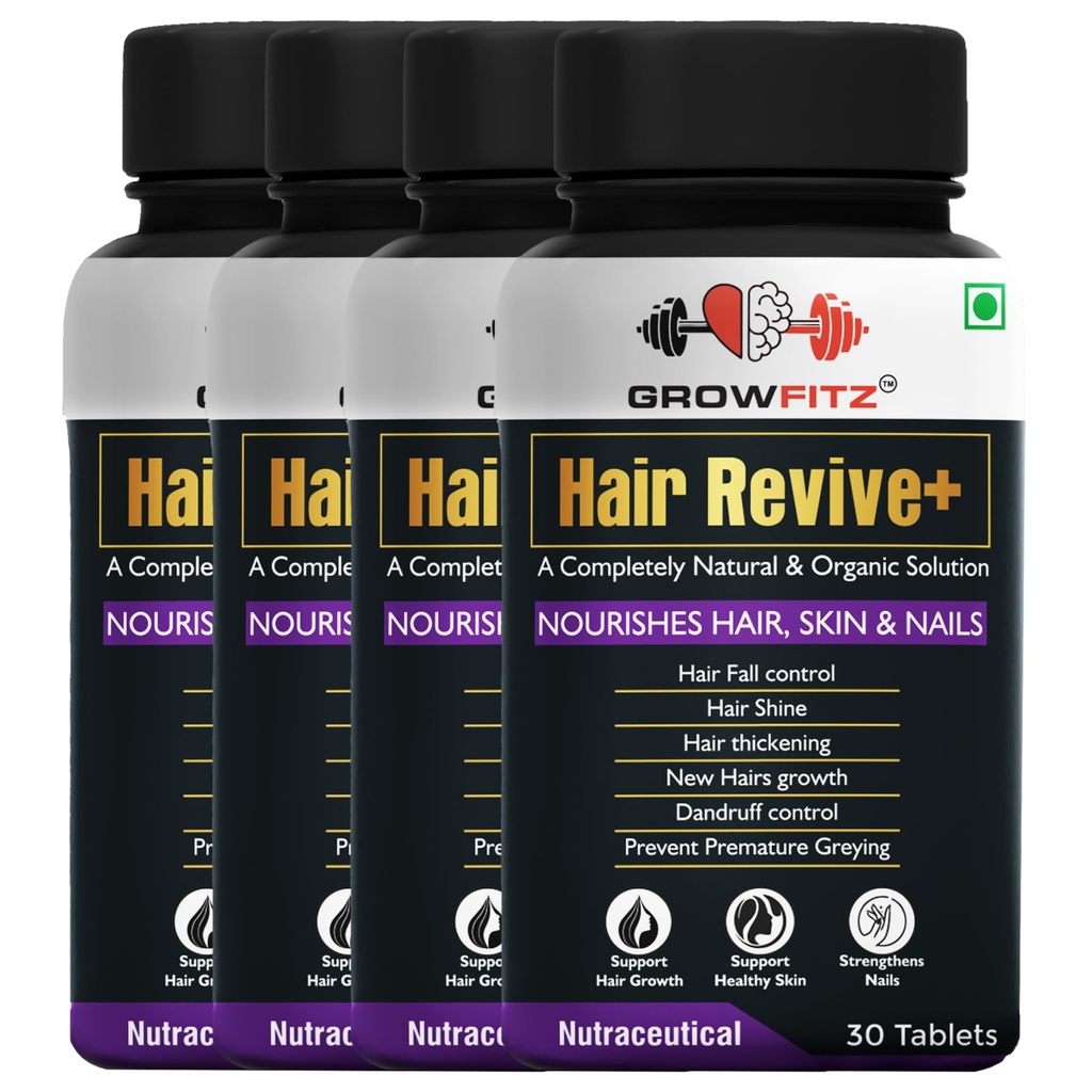Growfitz Hair Revive+ | Ayurvedic & 100% Natural | Hair Growth, Skin, Nails | For Men & Women - 30 veg tablets (Pack of 4)