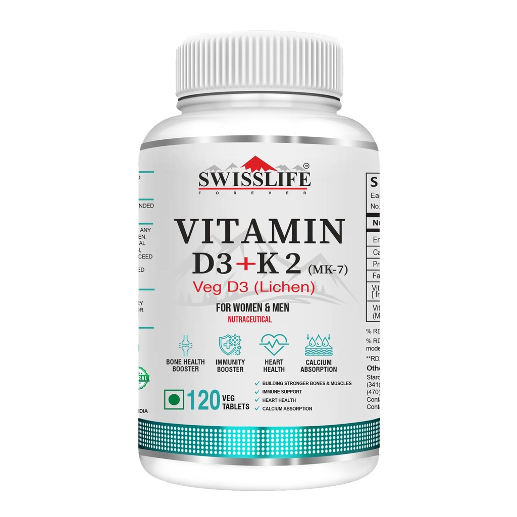 Swisslife Forever Vitamin D3 & K2 as Mk7 Supplement | Immune Support | Promotes Bone and Heart Health Support | 120 Veg Tablets
