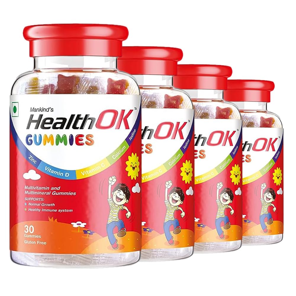 Health Ok Mankind Gummies, Multivitamin and Multimineral for Kids, Supports Normal Growth, Healthy Immune system and Brain Function, for 7-17-year-old, Bottle of 30 Gummies x Pack of 4