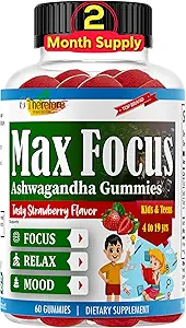 Pertanto Max Focus Ashwagandha Calm & Focus Gummies for Kids & Teens, Supporto Calma Mood, Rilassamento, Anti Stress, Memoria, Energia, Rilassamento, Basso Zucchero Vegan, Fruttato- 60 Gummies