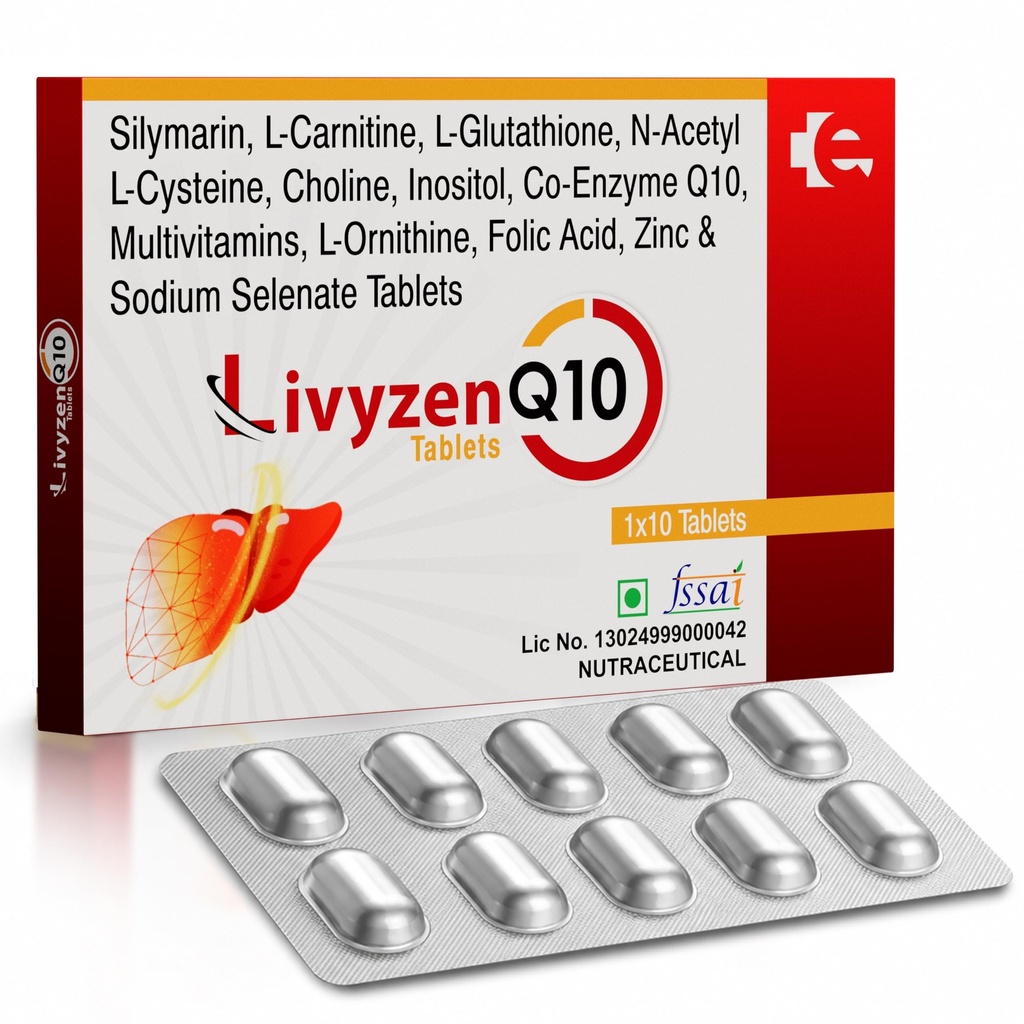 LivyzenQ10,10 Tablets | Silymarin 80% Extract, Coenzyme Q10, Vitamins D2, E, C, B1, B2, B6 & B12 | Daily Antioxidant and Nutritional Health Supplement