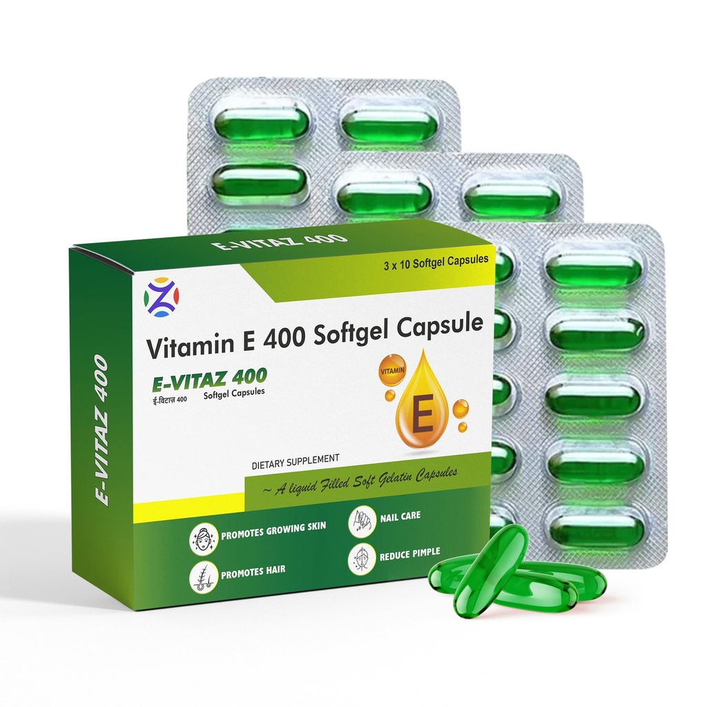 Vitamin E 400mg Softgel Capsules | E-Vitaz 400 -For Hair, Skin and Nail Care | Pack Of 3 (30 Capsule)