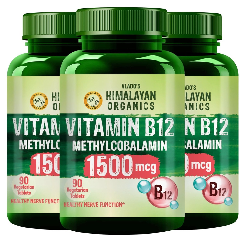 Vlado's Himalayan Organics Methylcobalamin Vitamin B12 1500mcg Supplement for Men & Women - 270 Veg Tablets (Pack of 3)