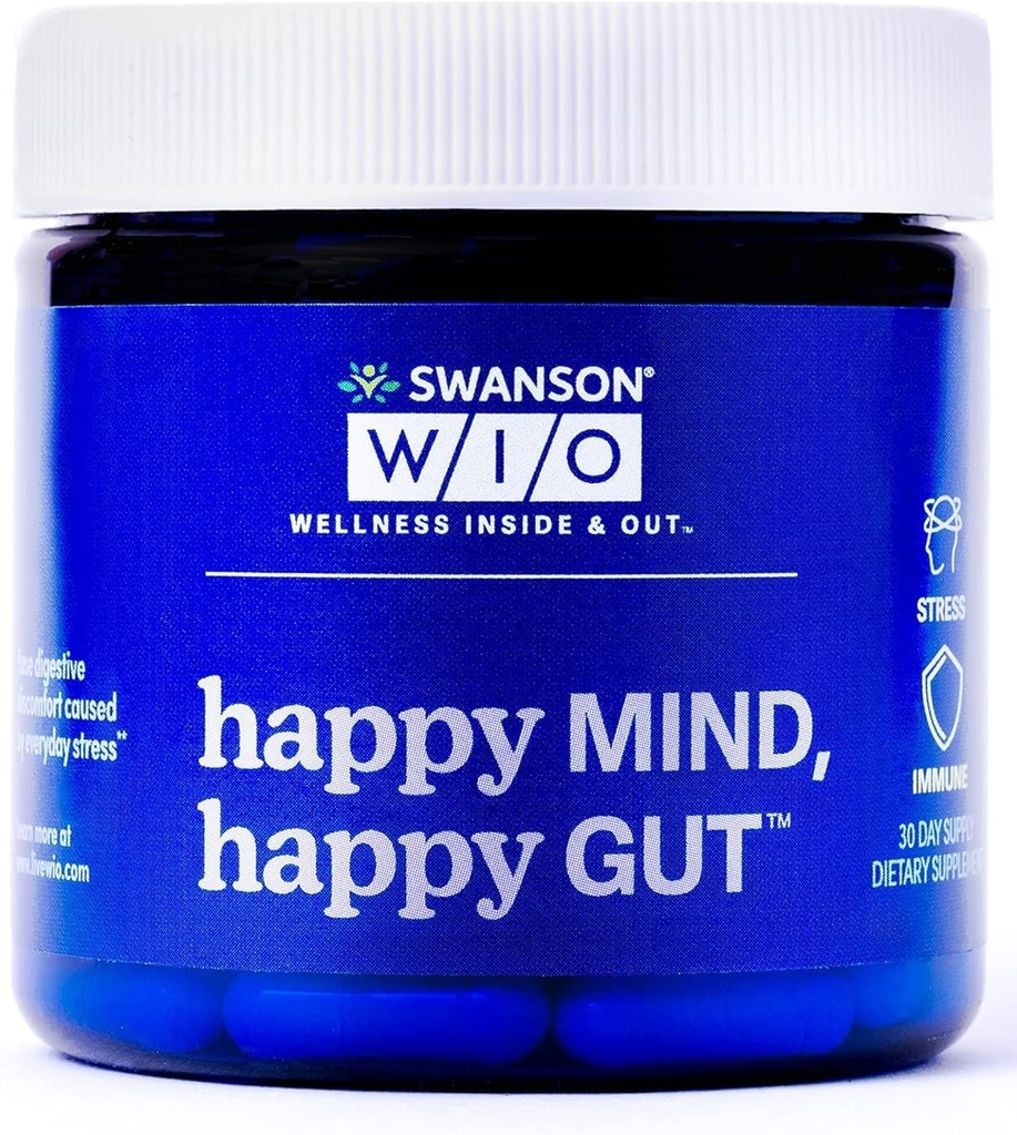Swanson WIO Happy Mind, Happy Gut Stress Support, Verdauungshilfe, Probiotics fördern Gut Microflora, besser, kognitive Gesundheit, Wellness, 30 Veggie Kapseln (30-Tage Versorgung)