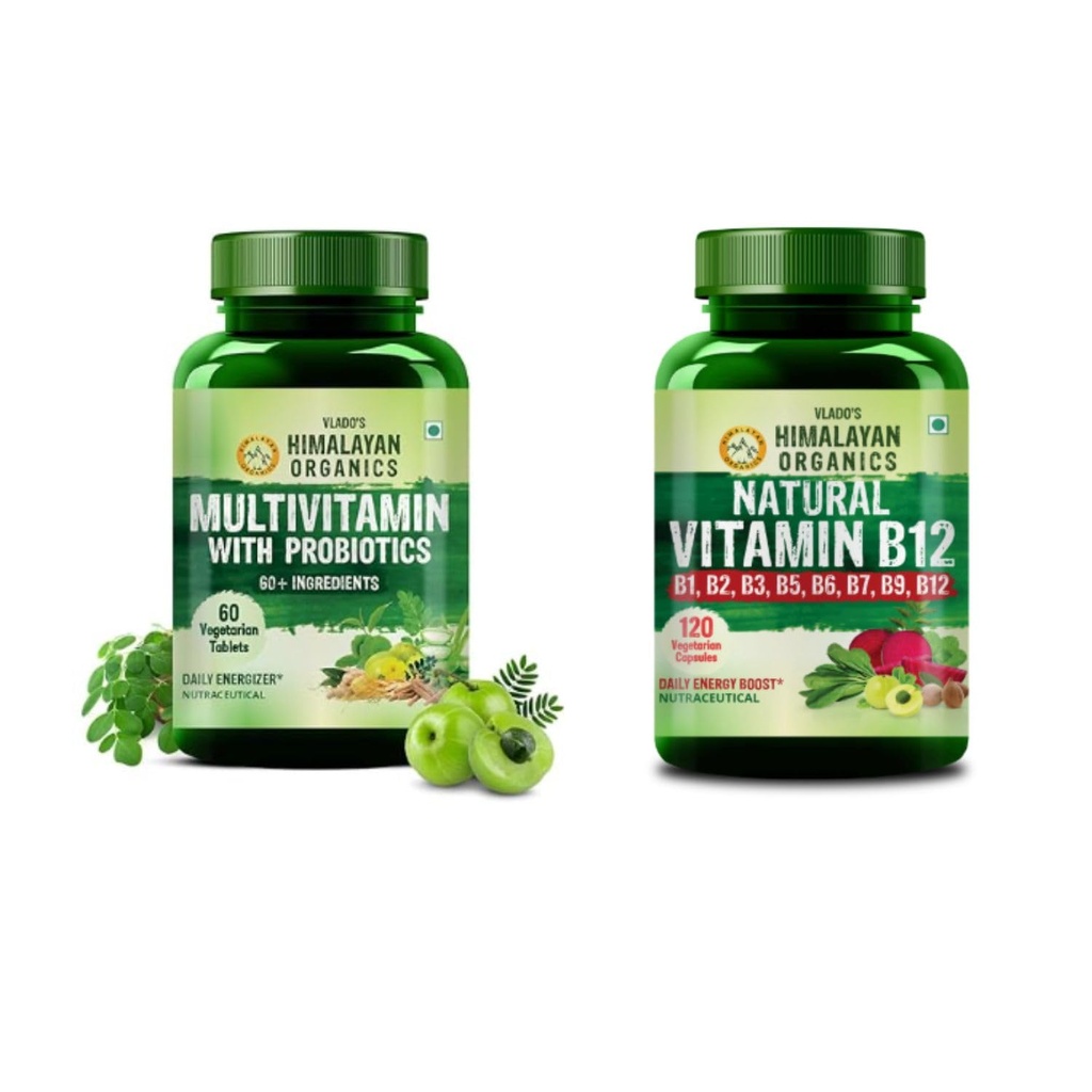 Vlado's Himalayan Organics Multivitamin with Probiotics 60 Veg Tablets + Plant Based Vitamin B12 120 Veg Capsules | Daily Multivitamin & B-Complex Combo | Supports Energy, Immunity, Brain & Overall We