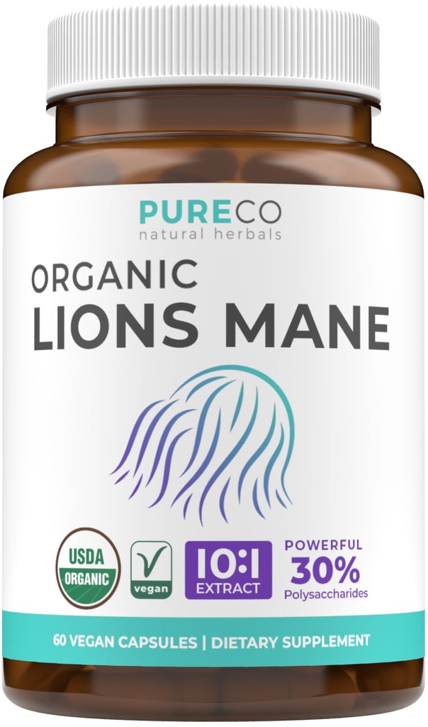 Capsules de complément biologique de la Mane de Lions - USDA Capsules de complément biologique de champignons avec 1000mg La Mane de Lions 10:1 Extrait par portion avec 30% Polysaccharides - Vegan & Non-GMO (1 mois d'approvisionnement)