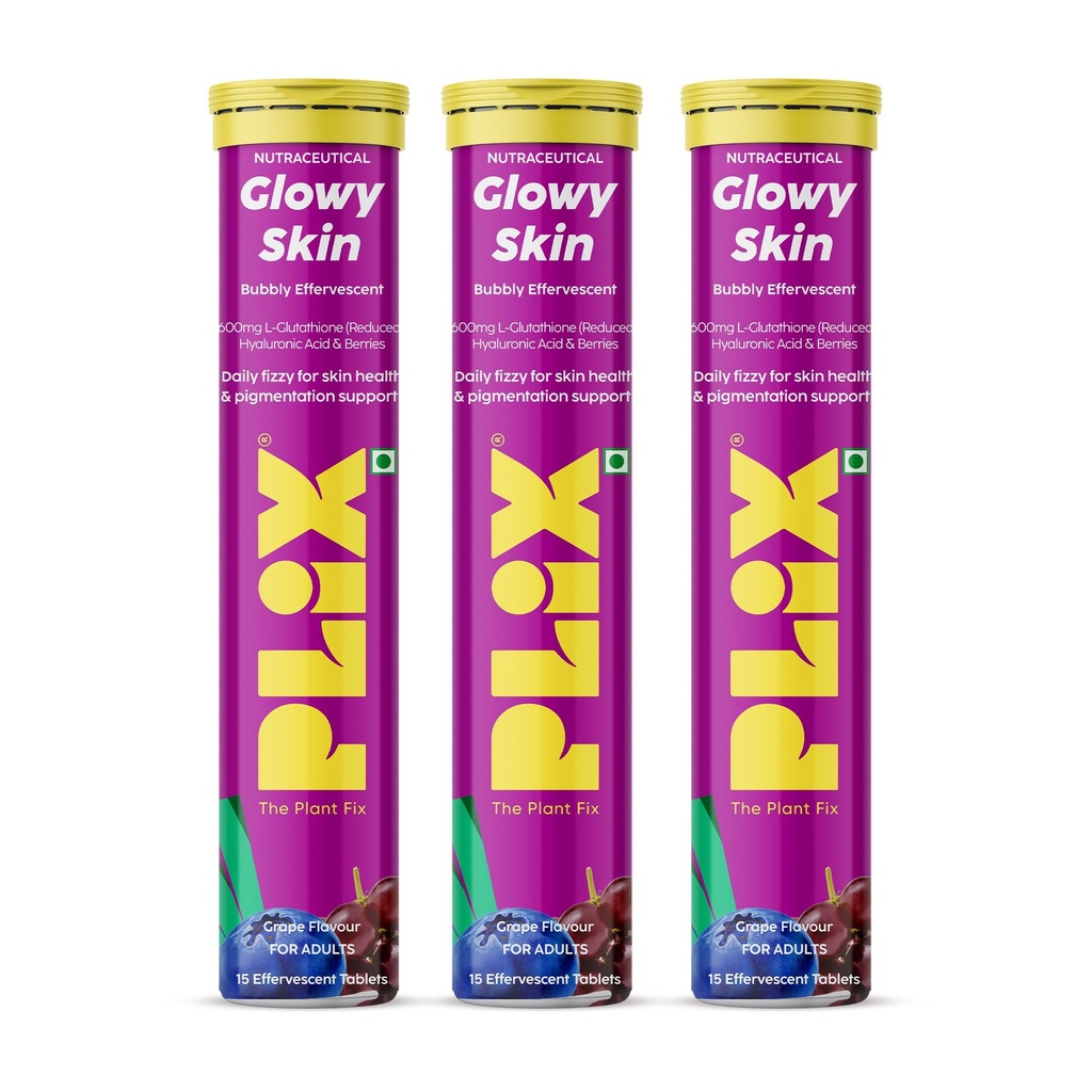 PLIX THE PLANT FIX Glowy Skin Bubbly Effervescent for Clear-Looking, Hydrated & Youthful Skin | 600mg Glutathione, Vitamin E & Hyaluronic Acid | Grape Flavour (pack of 3)