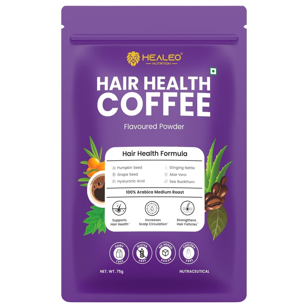 Healeo Hair Health Coffee 75g – Supports Hair Fall Control, Scalp Circulation & Follicle Strength – With Pumpkin Seed, Grape Seed, Stinging Nettle, Aloe Vera, Hyaluronic Acid, Sea Buckthorn – Arabica Medium Roast