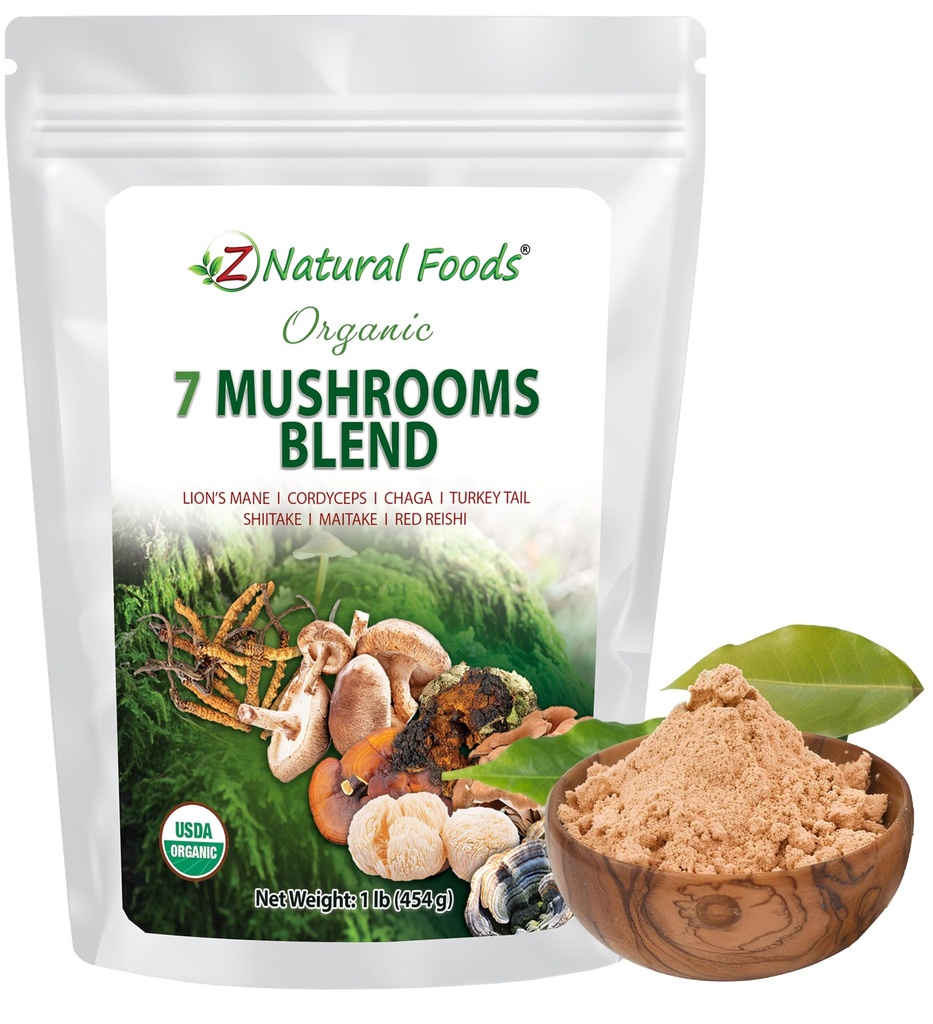 Z Aliments naturels Biologique 7 Mélanges de champignons sacrés - Poudre de champignons pour la santé immunitaire - Lion, Cordyceps, Chaga, Red Reishi, Shiitake, Maitake et Turquie Extrait de queue pour café, smoothies, 1 lb