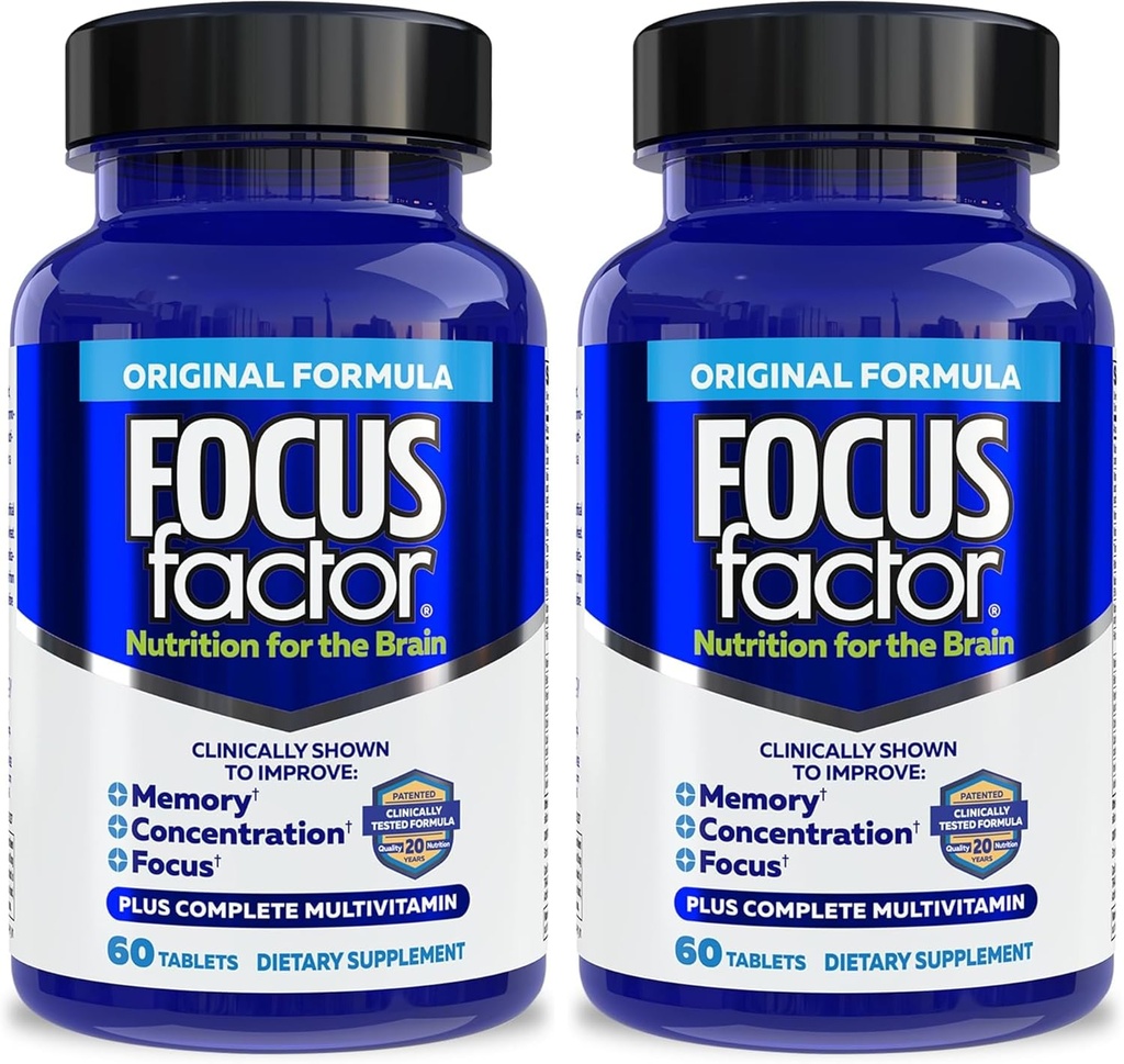 Fokusfaktor Ernährung für das Gehirn, verbesserte Gedächtnis und Konzentration Gehirn Ergänzung, komplette Multivitamin mit Vitaminen B6, B12, D, Bacopa Monnieri & Tyrosine, 60 Count (Pack von 2)