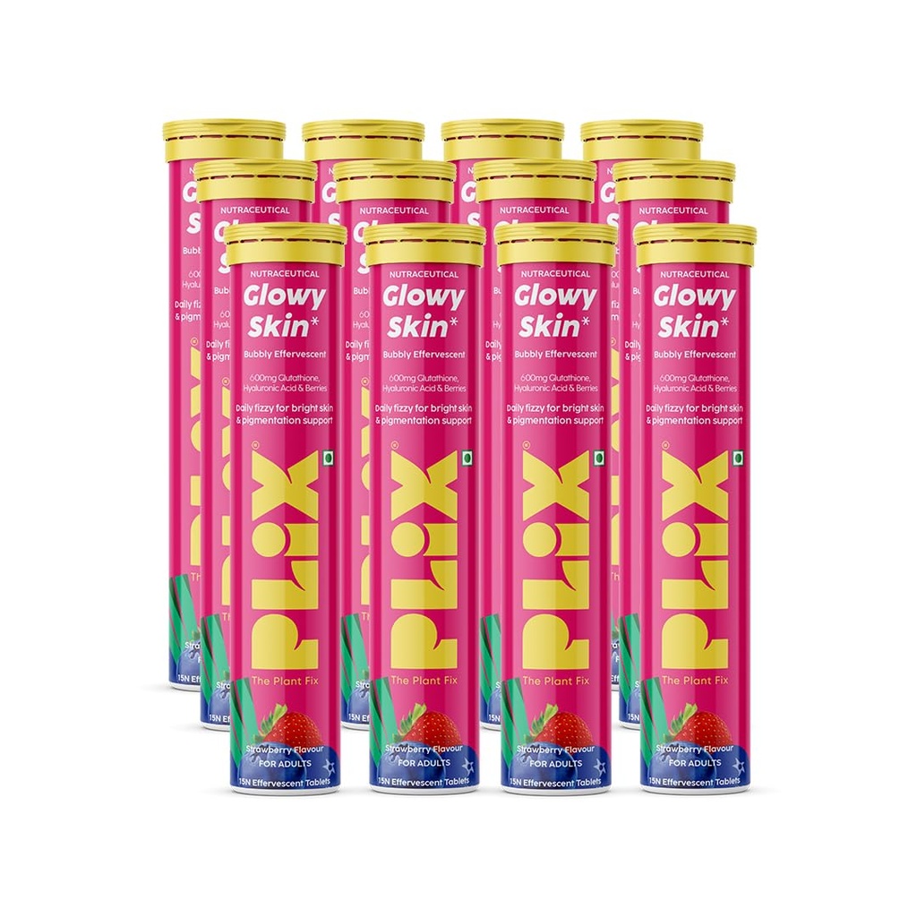 The Plant Fix Plix Glutathione Effervescent Tablets for Clear, Glowing & Youthful Skin | 600mg Glutathione, Vit E & Hyaluronic Acid | No Maltodextrin, No Sugar | Strawberry (Pack of 12)