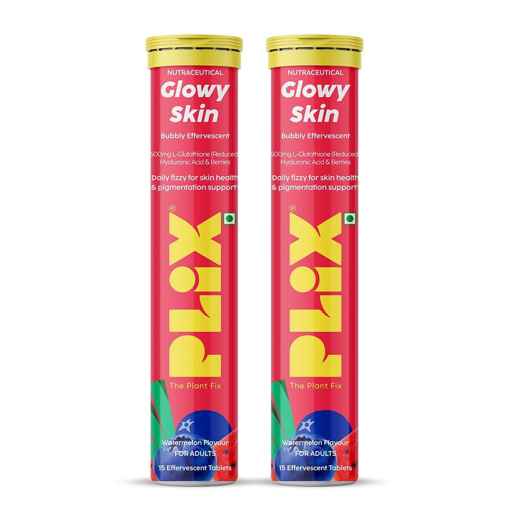 PLIX THE PLANT FIX Glowy Skin Bubbly Effervescent for Clear-Looking, Hydrated & Youthful Skin | 600mg Glutathione, Vitamin E & Hyaluronic Acid | No Maltodextrin | Watermelon Flavour | Pack of 2