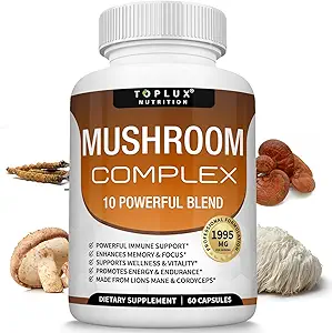 Supplément de champignons Toplux Lions Mane - Cordyceps Reishi Chaga 10 Mélange de champignons biologiques pour soutenir le système immunitaire, la mémoire, la focalisation et la clarté et augmenter l'énergie, pour les hommes femmes, 60 capsules