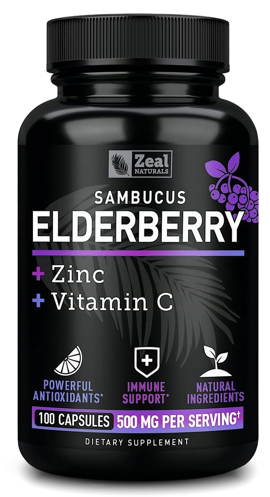 Zeal Naturals Max Strength Elderberry Capsules + Zinc + Vitamine C. 500mg pour le système immunitaire Support avec Black Sambucus Elderberry.