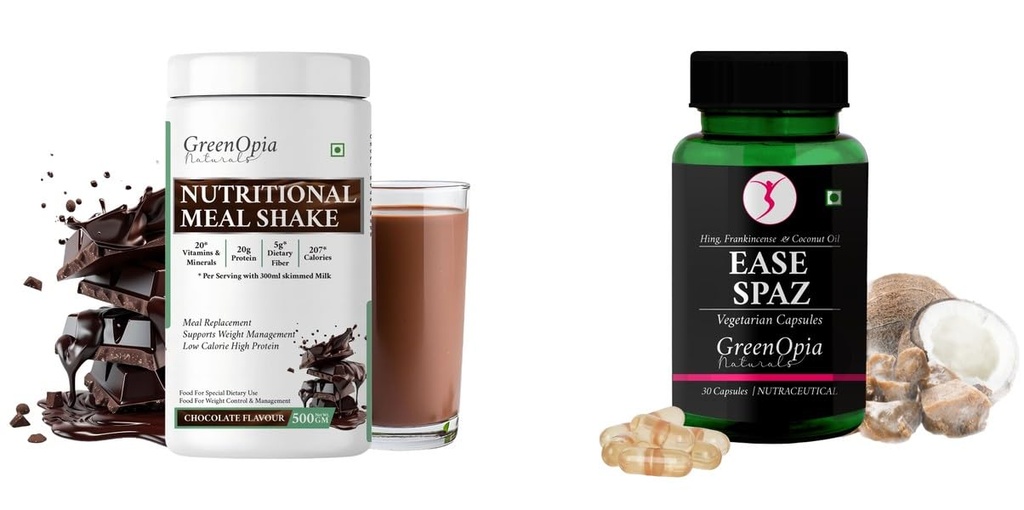 Nutritional-meal-shake-chocolate, Ease-spaz-vegetarian-capsules Combo | Convenient Nutrition & Wellness Routine | Multi-Product Pack