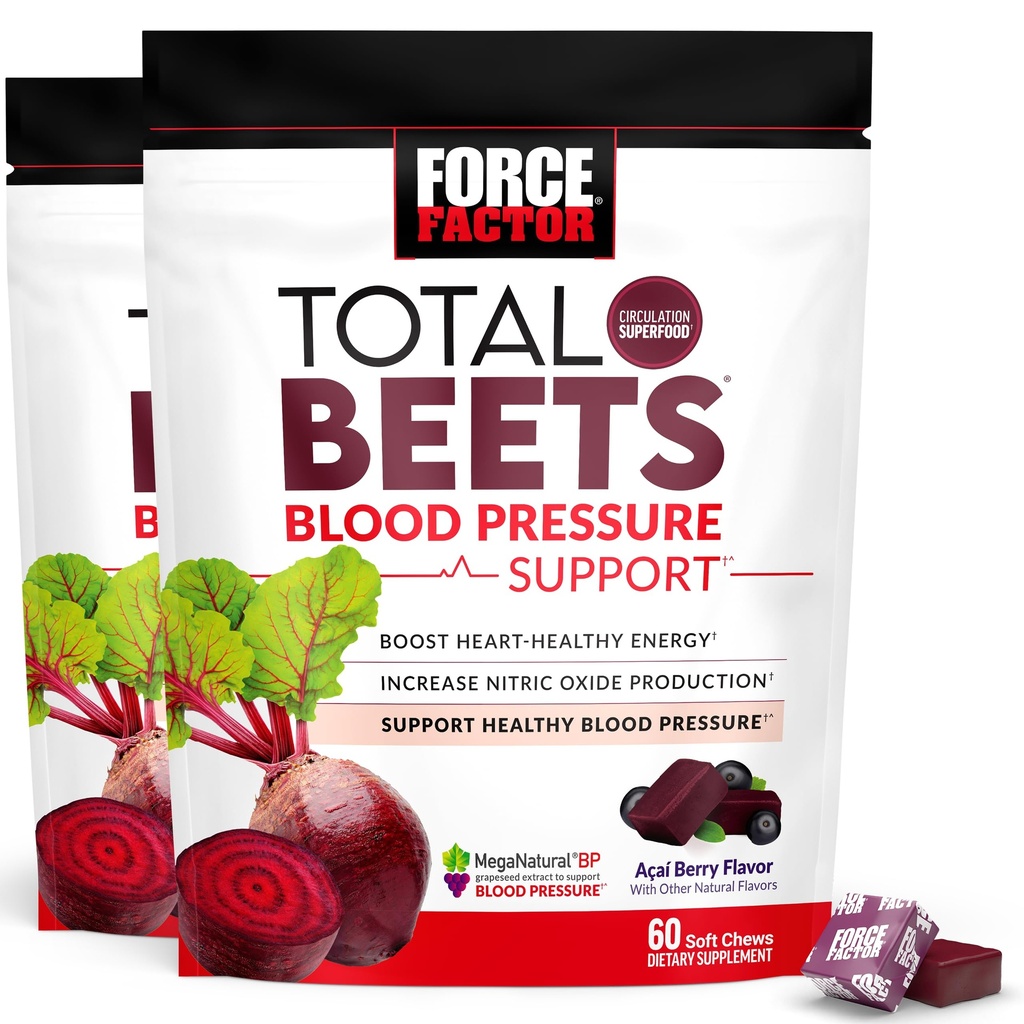 Facteur de force Total Beets Supplément de soutien de la pression artérielle avec la poudre de betteraves, des croustilles pour l'énergie cardiovasculaire et l'oxyde nitrique augmenté, 120 Chews, 2-Pack