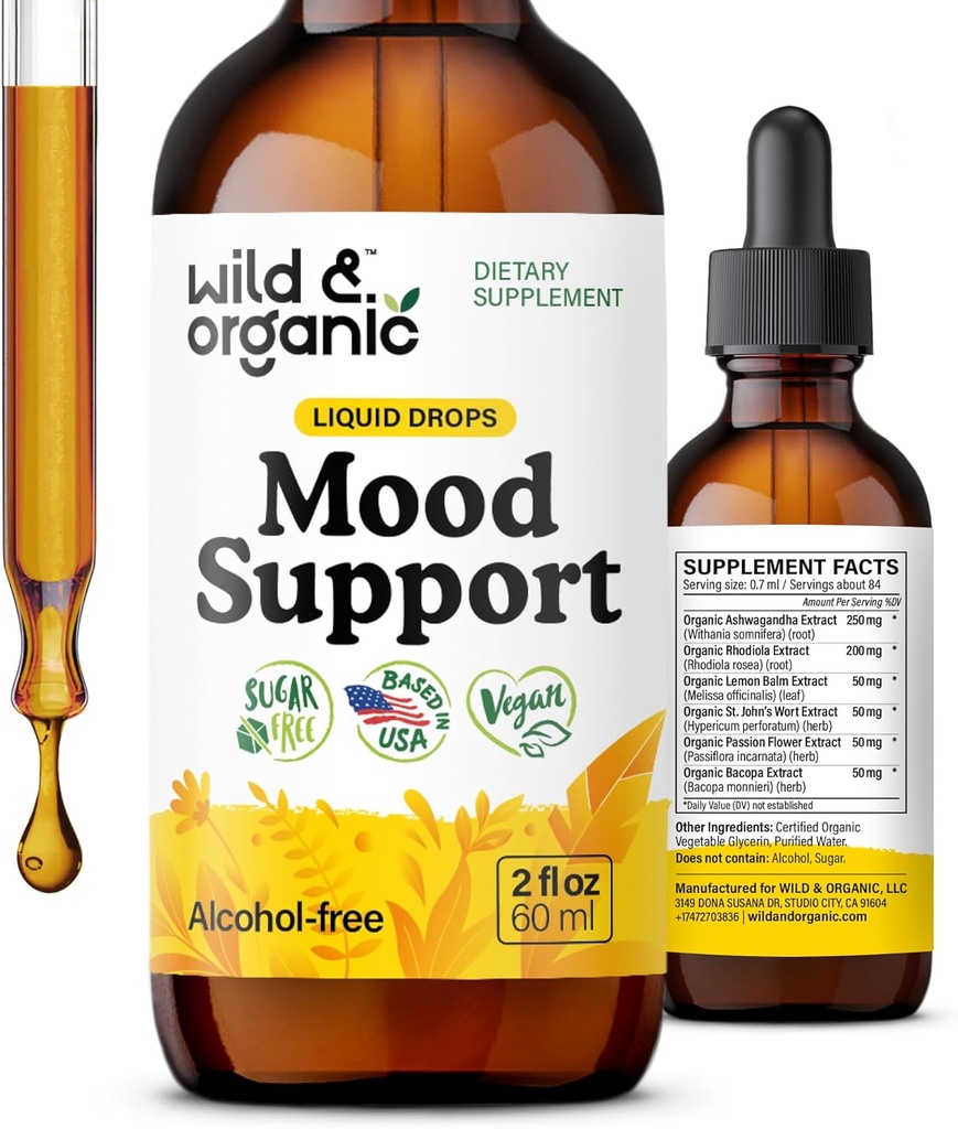 Wild & Organic Mood Support Drops - Gute Mood Ergänzungen w/Ashwagandha Root & Rhodiola Rosea - Natürliche Flüssigkeitstropfen für positive Energie - ruhige und entspannende Ergänzungen für Frauen und Männer - 2 oz
