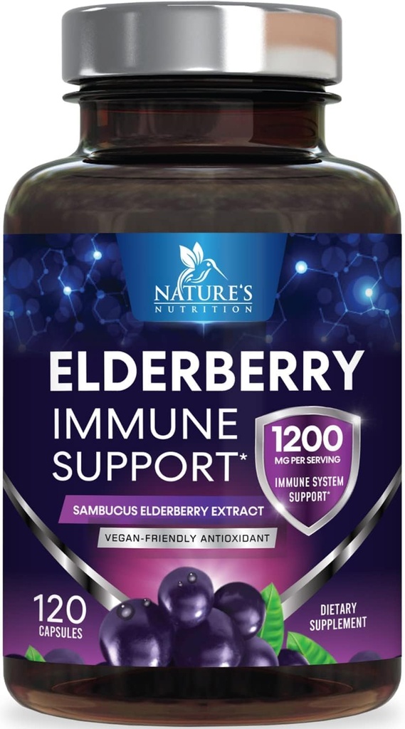Elderberry Immune Support 1200mg - Tägliche Immununterstützung für Erwachsene mit konzentriertem Sambucus Black Elderberry Extract - Antioxidant Vitamin Supplement, Glutenfrei, Bottled in USA - 120 Kapseln