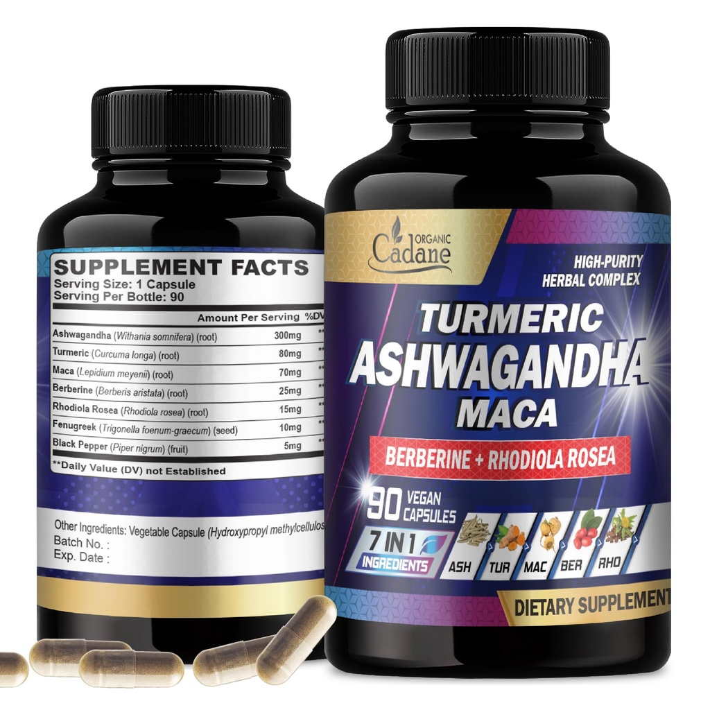 Organic Cadane Ashwagandha Ergänzungen - Speicher, Immunsystem & Stärke Unterstützung - 7in1 Konzentriert mit Turmeric, Maca Root, Berberine & More - 90 Vegan Kapseln für 3-Monats-Versorgung