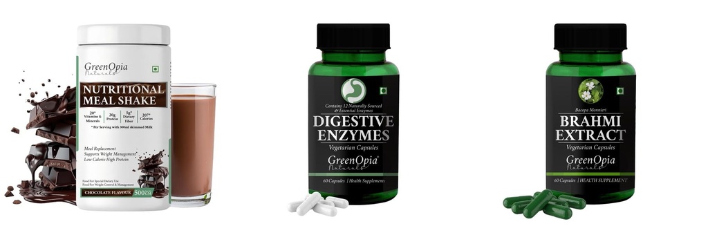 Nutritional-meal-shake-chocolate, Digestive-enzymes-60-vegetarian-capsules, Brahmi-vegetarian-capsules Combo | Convenient Nutrition & Wellness Routine | Multi-Product Pack
