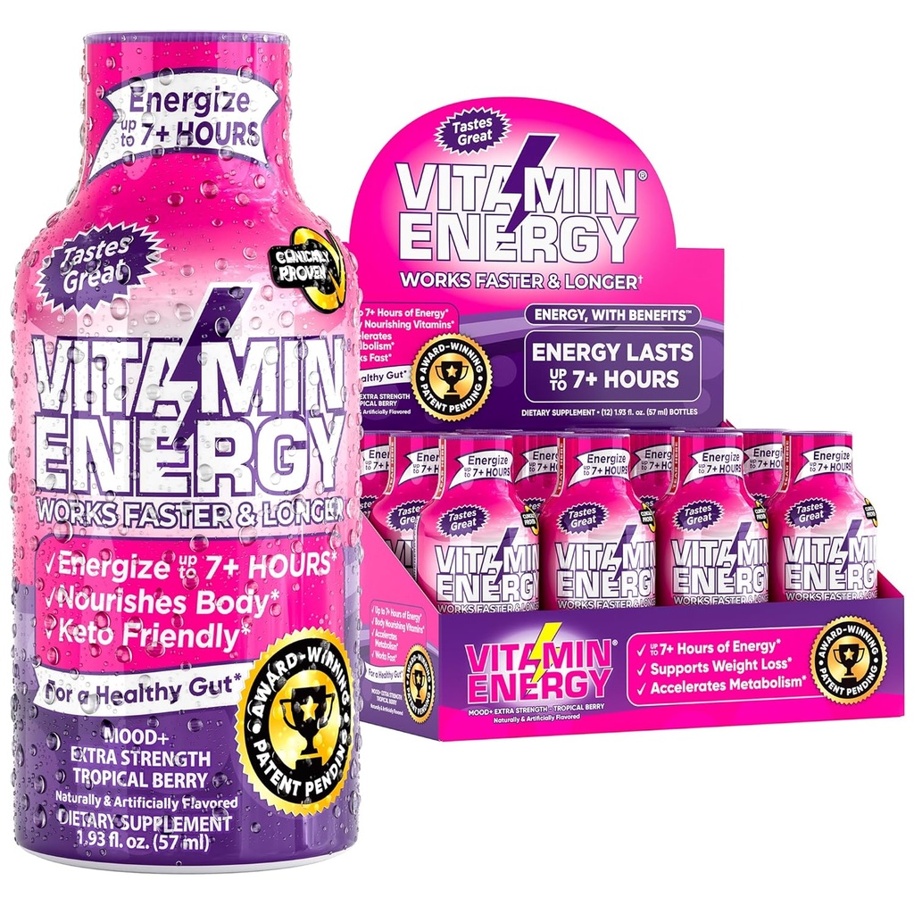 Vitamin Energy Mood+ Energy Shot – Tropical Berry – 100% DV B-Vitamine & 260mg Pflanzenbasierte Koffein – Zero Calories, Sugar-Free, Vegan, Non-GMO – Mood & Energy Support – 1.93 fl oz, 12-Pack