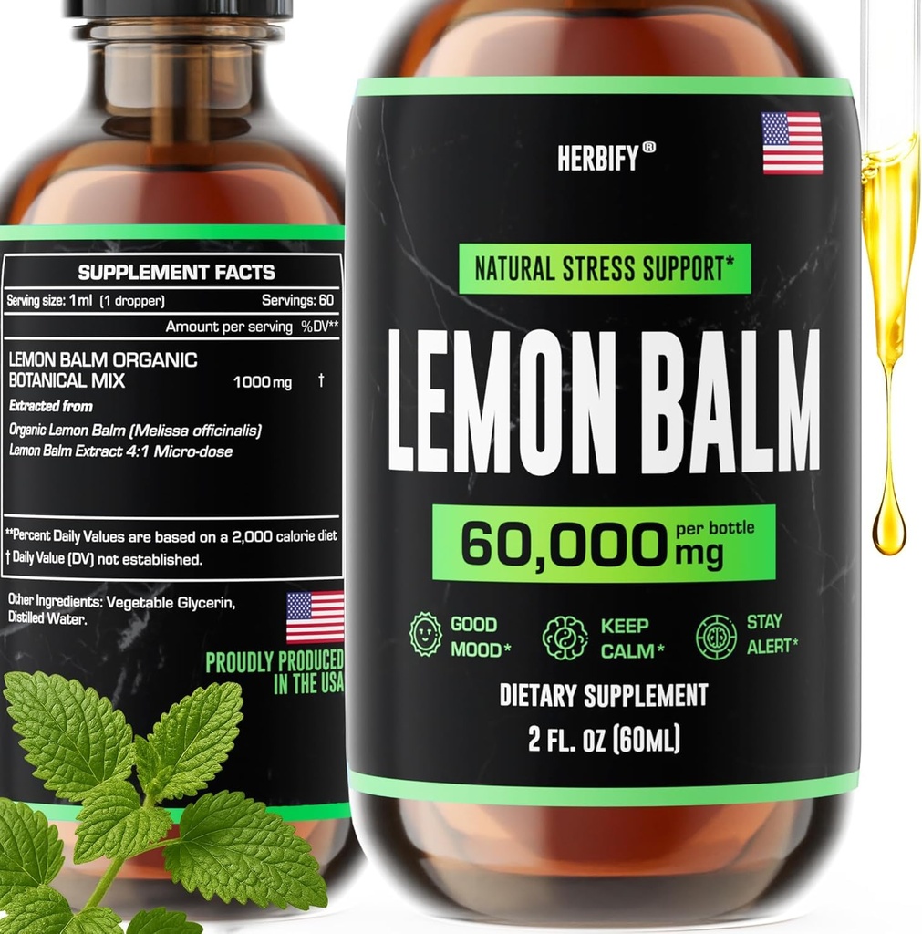 Teinture de baume de citron HERBIFY - Extrait liquide Melissa Officinalis Leaf - Soutien du cerveau et amélioration de l'humeur - gouttes de baume de citron pour le soutien immunitaire et cognitif - 2 Fl oz