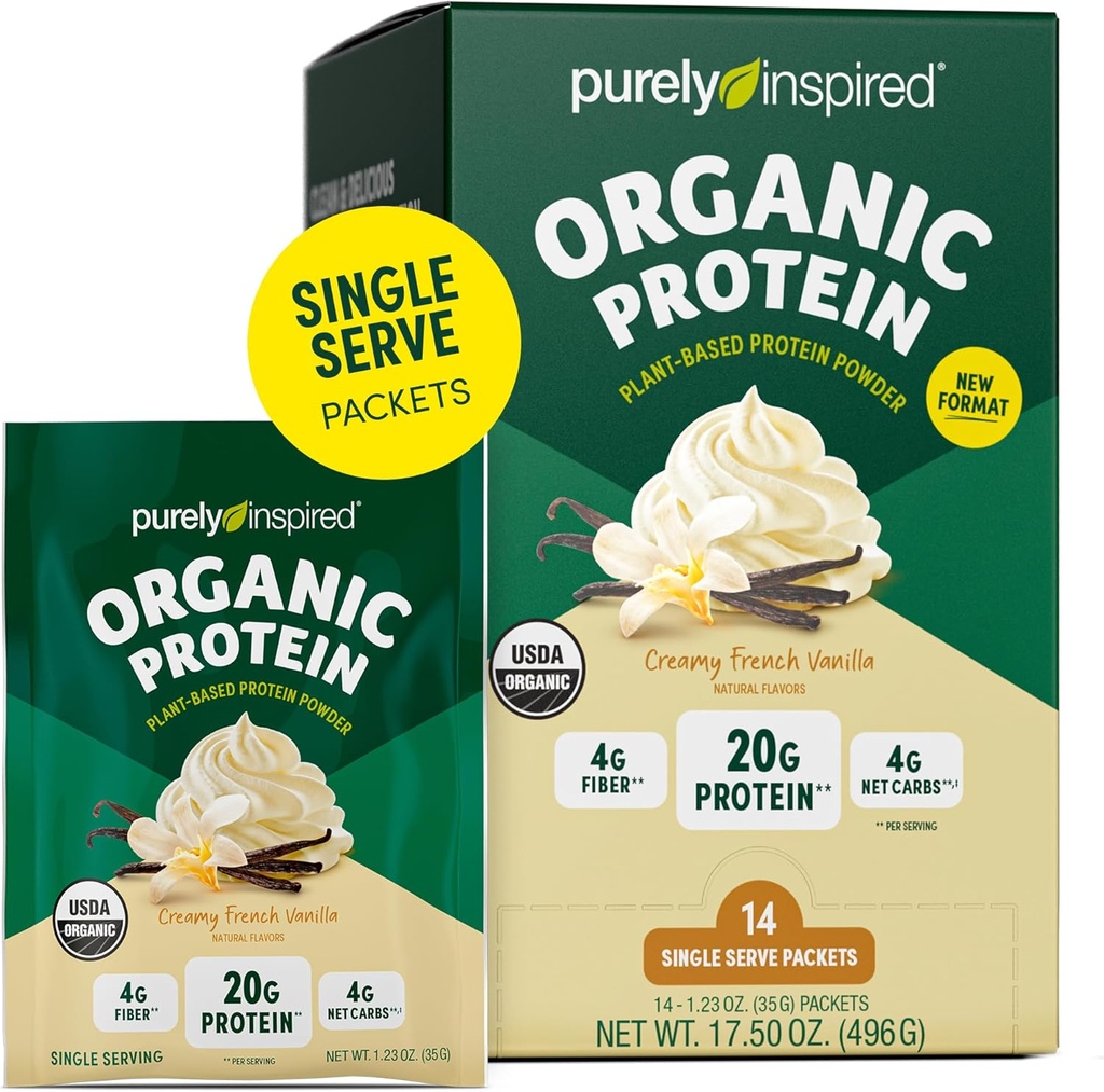 Poudre de protéines organiques purement inspirée, 14 paquets à usage unique, Vanille crémeuse - 20g de poudre de protéines à base végétale pour smoothies et shakes - Sans lait, sans OGM - pour les hommes et les femmes
